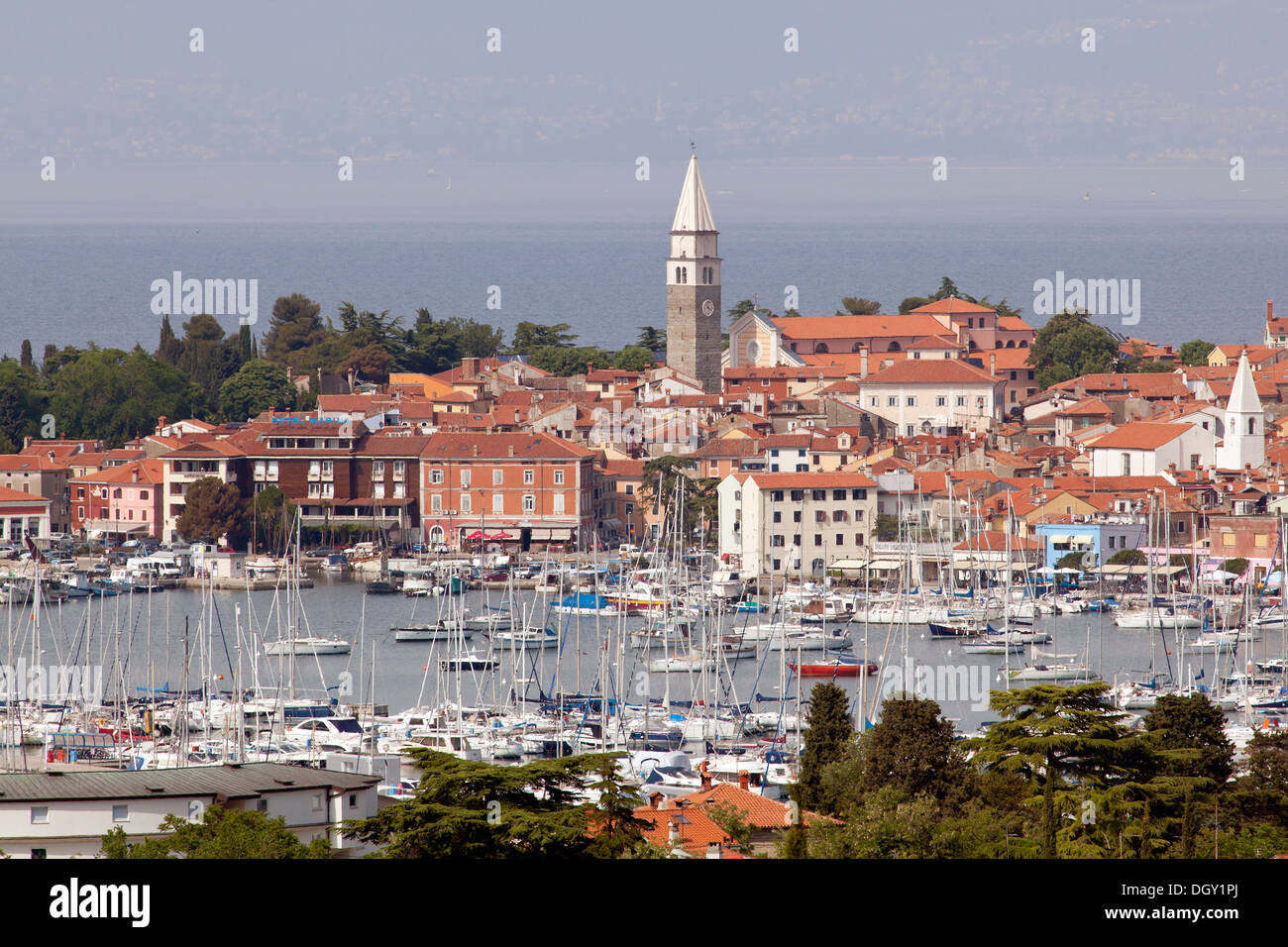 Marina on the Adriatic coast with the historic town centre of Izola, Slovenia, Europe, Izola, Slovenian Littoral, Slovenia Stock Photo