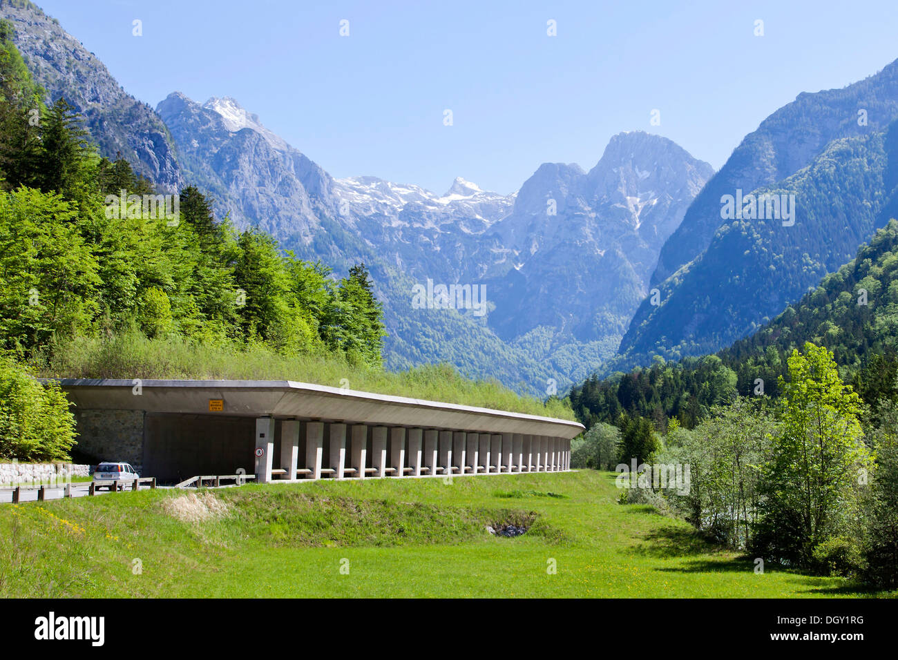 Avalanche protection in the Soca Valley, Julian Alps, near Bovec, Slovenia, Europe Stock Photo