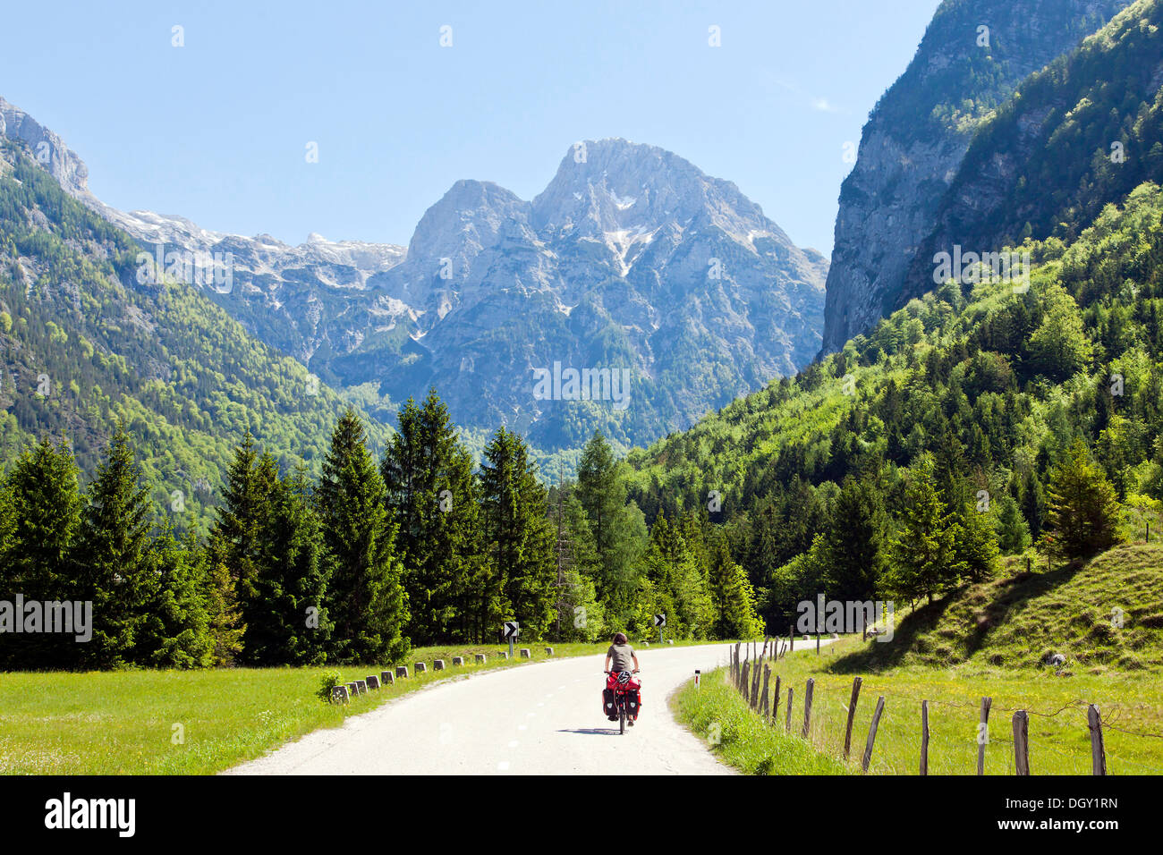 Soca Valley, cyclist, in Triglav National Park, Julian Alps, near Bovec, Slovenia, Europe Stock Photo