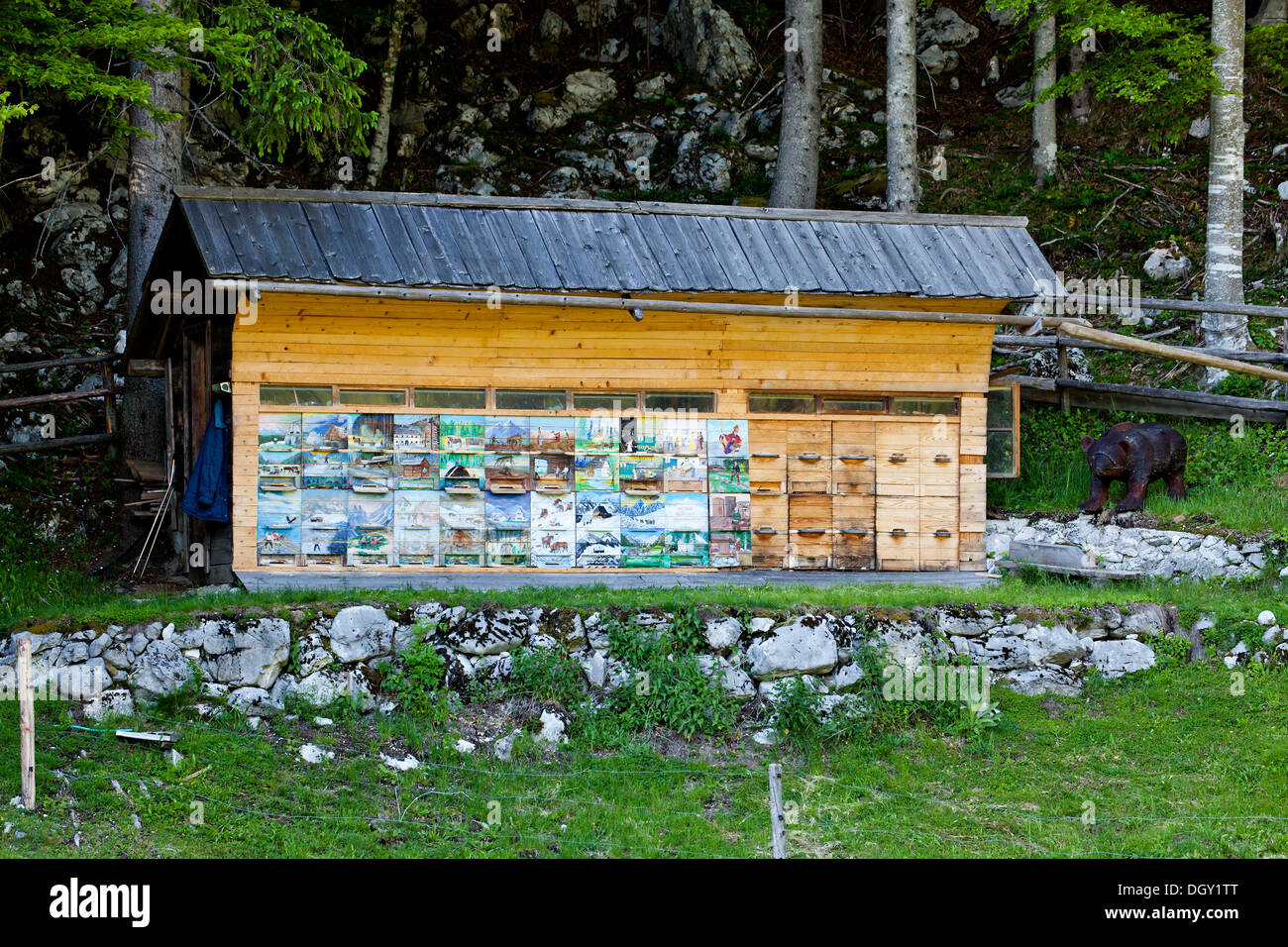 Artfully painted beehive in Triglav National Park, Julian Alps, near Kranjska Gora, Slovenia, Europe Stock Photo