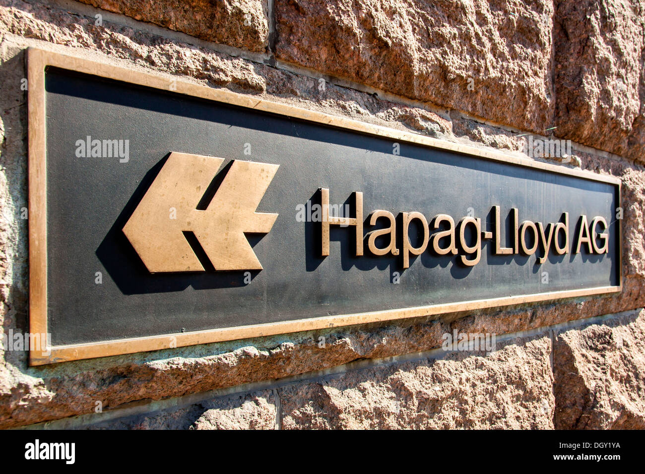 Logo and signage at the headquarters of the transport and logistics company Hapag-Lloyd AG, Hamburg, Hamburg, Germany Stock Photo