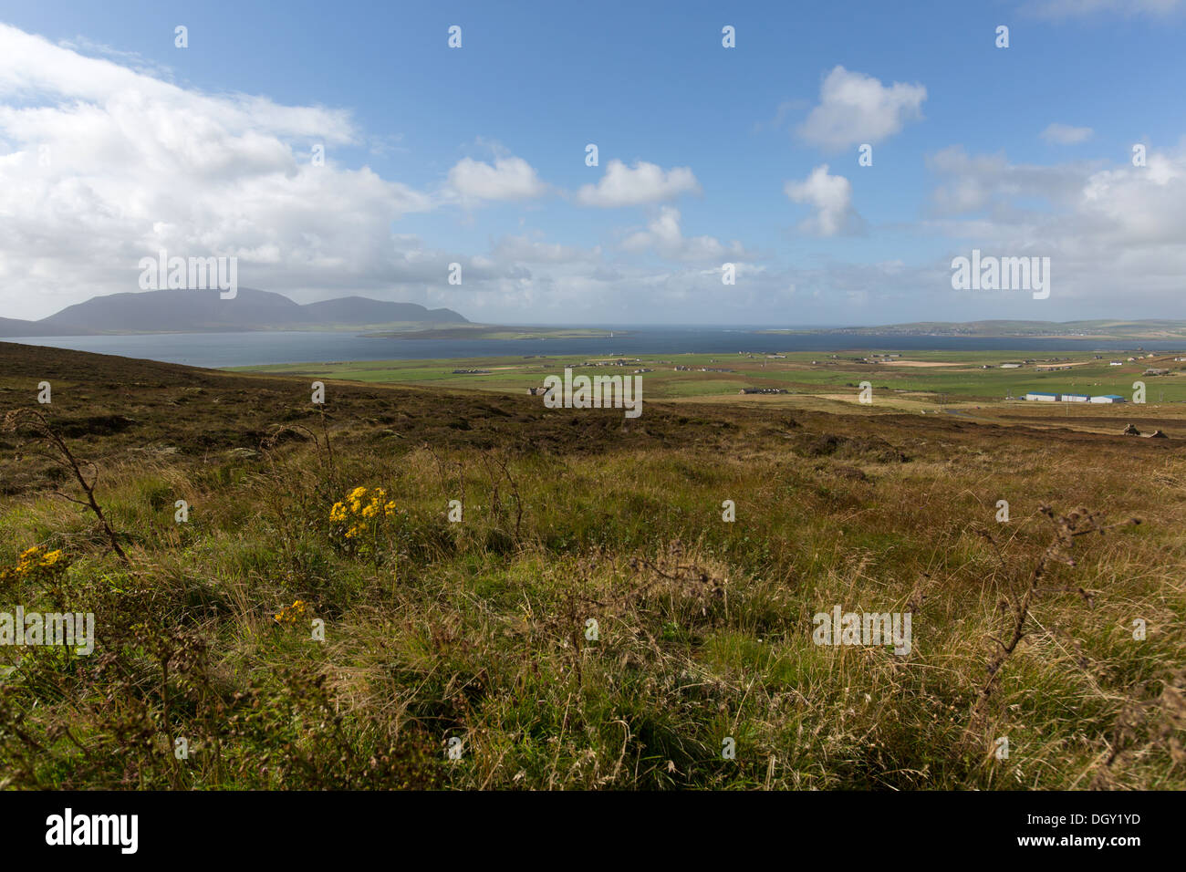 Islands of Orkney, Scotland. View of Orkney’s Mainland with the town of Stromness, in the distance, on the right of the image. Stock Photo
