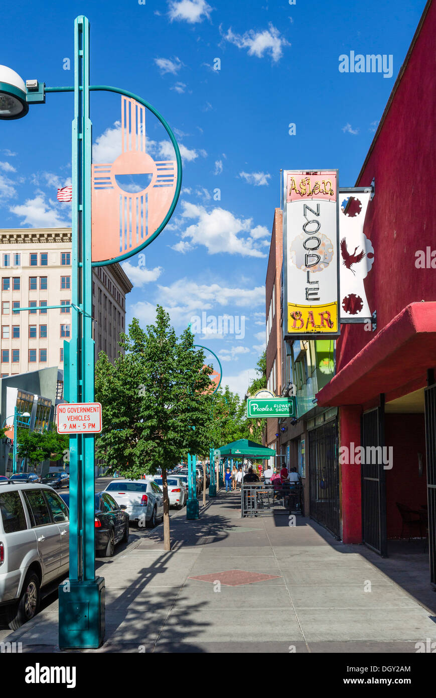 Shops, restaurants and bars on Central Avenue SW (old Route 66) near junction with 4th St NW, Albuquerque, New Mexico, USA Stock Photo