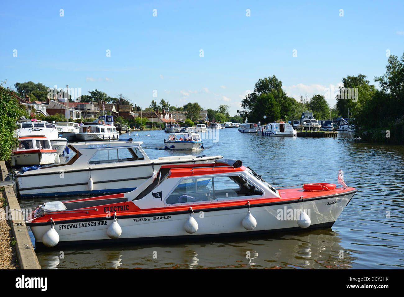 Boats on River Bure, Horning, Norfolk Broads, Norfolk, England, United Kingdom Stock Photo