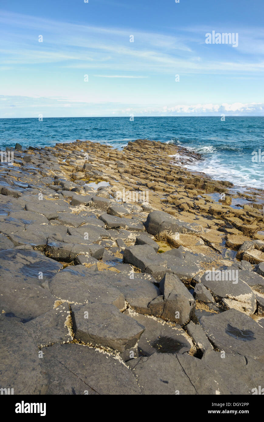 Natural phenomenon Giant's Causeway with hexagonal basalt blocks on the coast at Bushmill, County Antrim, Northern Ireland Stock Photo