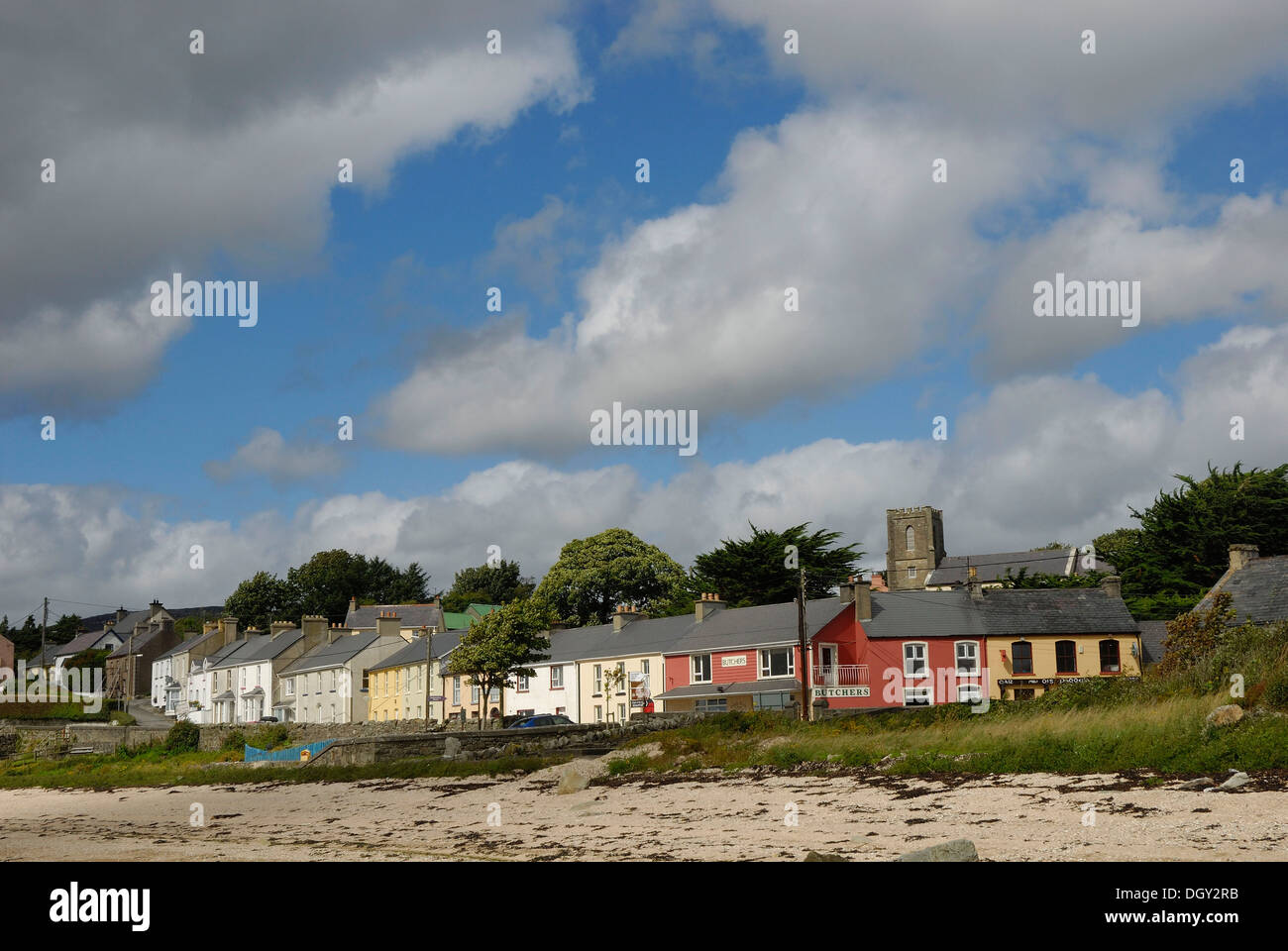 Big shower clouds over an Irish village with row of houses, Rathmullan, County Donegal, Ireland, Europe Stock Photo