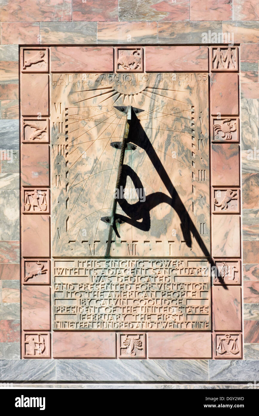 The sundial on the Singing Tower at Bok Tower Gardens, Lake Wales, Central Florida, USA Stock Photo