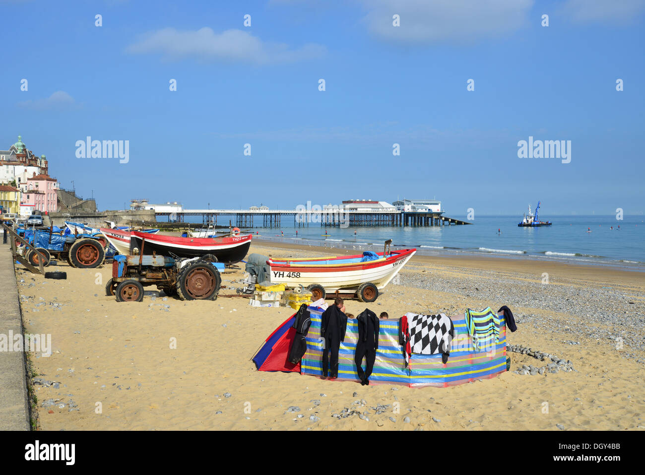Wooden fishing boat on beach, Cromer, Norfolk, England, United Kingdom