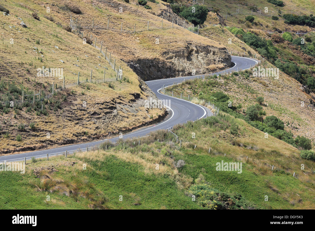 Empty winding hill road on Otago Peninsula, South Island, New Zealand Stock Photo