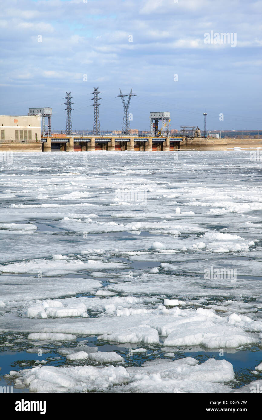 Spring floating of ice on Ob reservoir and hydropower station Stock Photo