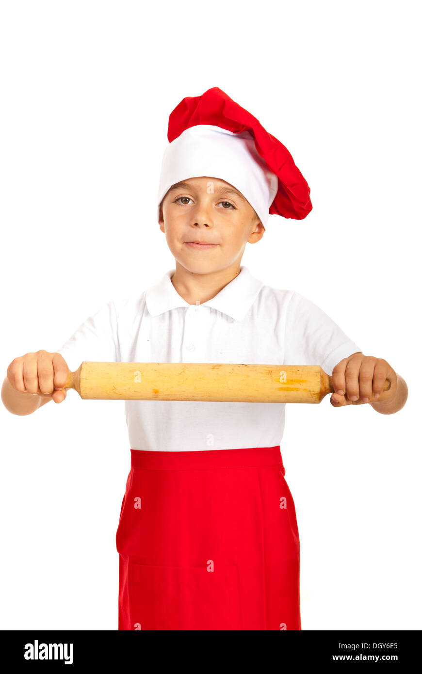 Chef boy showing rolling pin isolated on white background Stock Photo