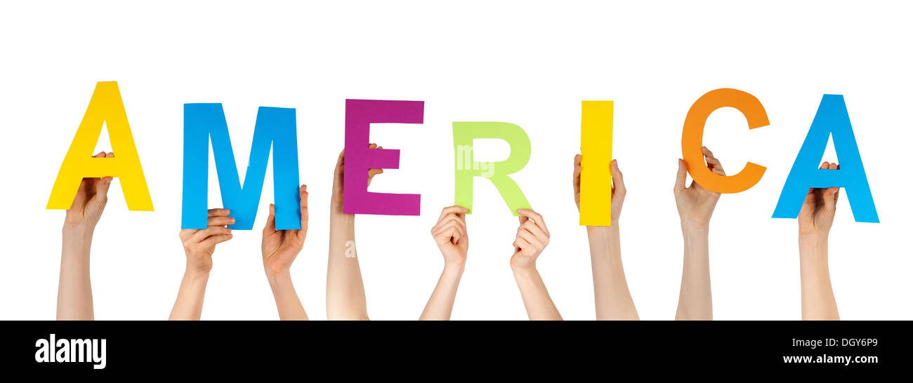 many hands holding the word america, isolated on white Stock Photo Alamy