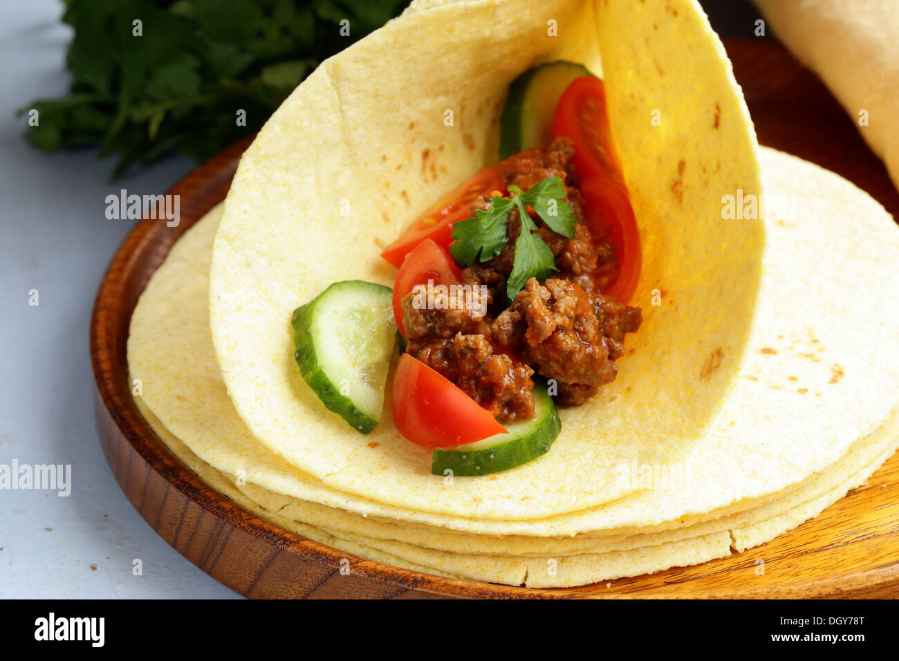 Fresh tortilla fajita wraps with beef and vegetables, Mexican food