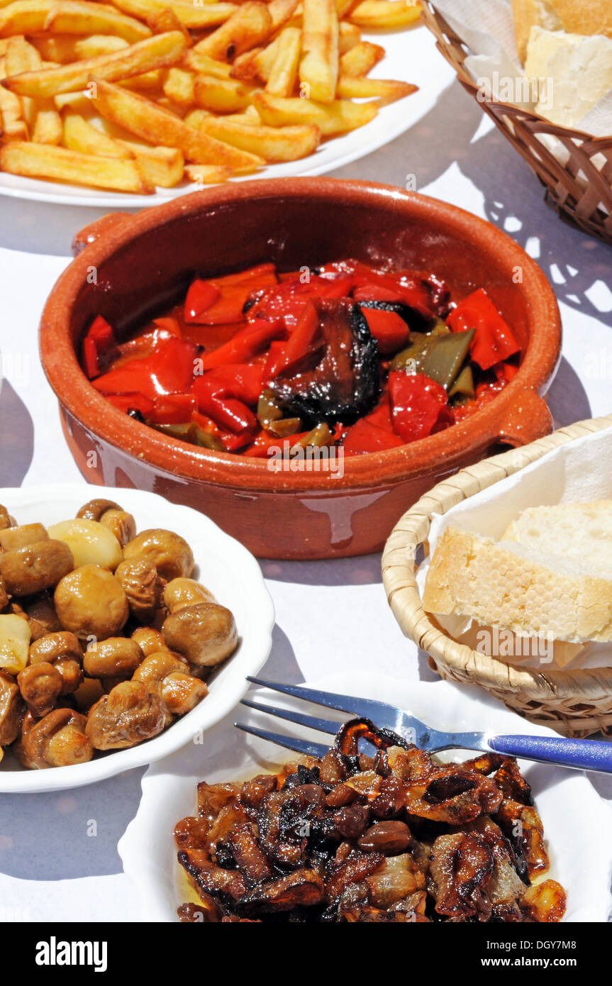 Spanish tapas of roasted peppers, fried mushrooms, fried onions and chips, Andalusia, Spain. Stock Photo