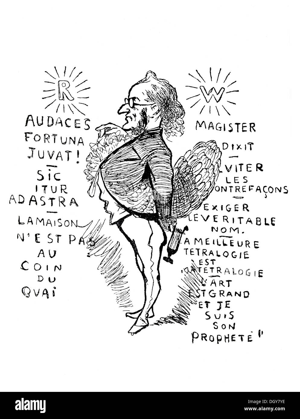 Caricature of Richard Wagner, September 1876, illustration from the yearbook 'Moderne Kunst in Meisterholzschnitten', German for Stock Photo
