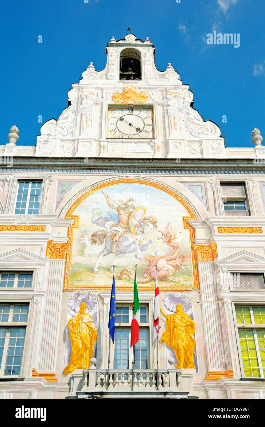 Facade of the Palazzo San Giorgio with frescoes, Piazza Caricamento, Genoa, Liguria, Italy, Europe Stock Photo