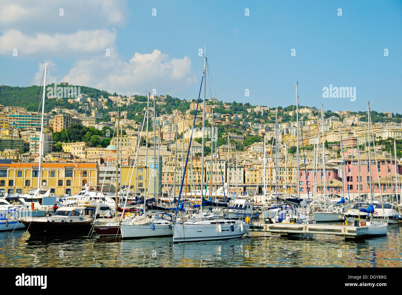 Sailing boats at Porto Antico, the Old Port of Genoa, Liguria, Italy ...