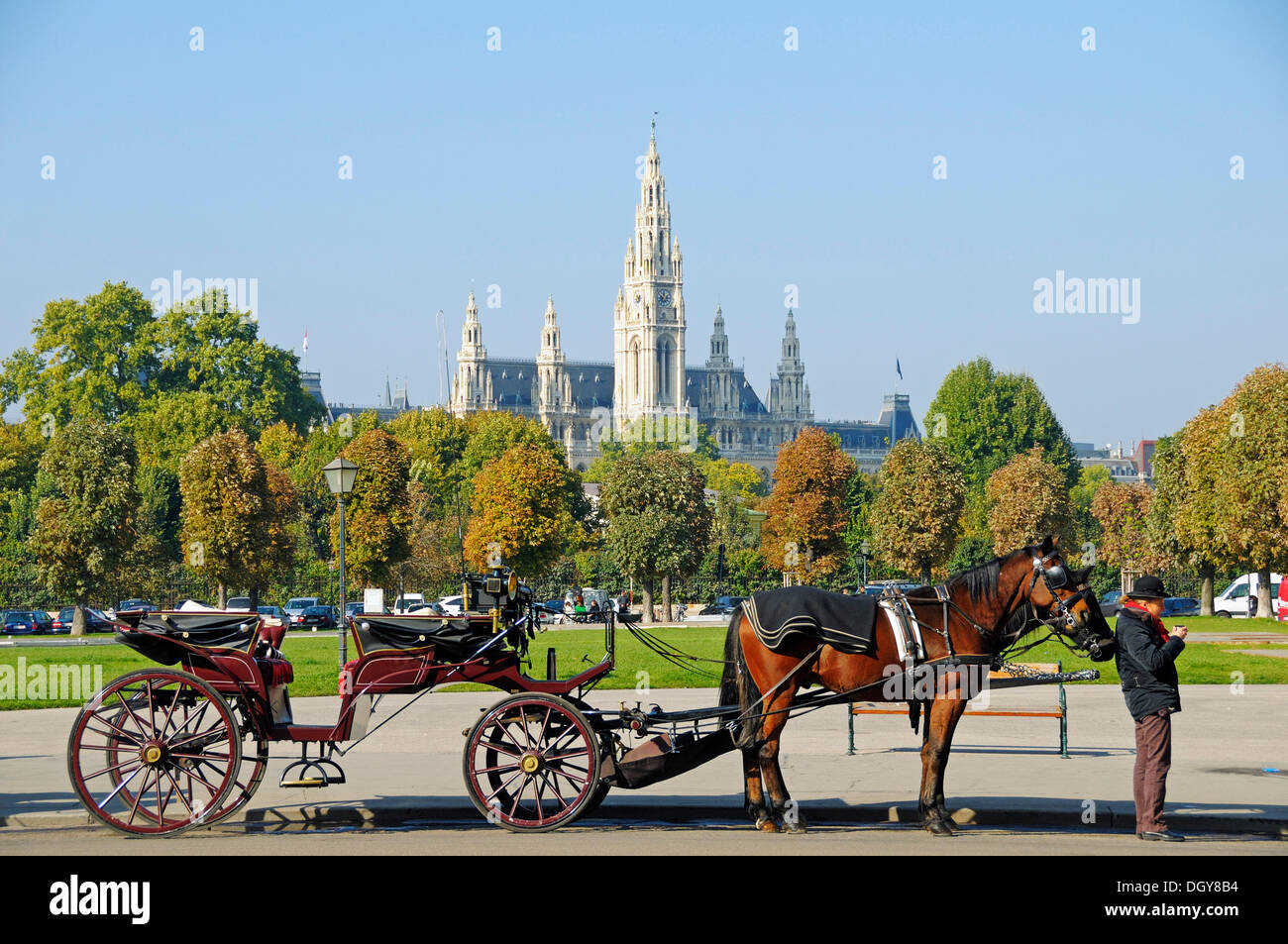 Fiaker, horse-drawn carriage with a driver in front of Vienna City Hall ...