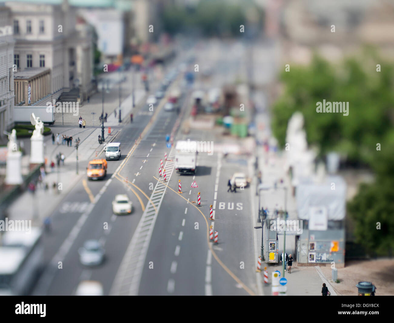 Road with roadworks, miniature view, tilt-shift effect, Unter den Linden street, Berlin Stock Photo