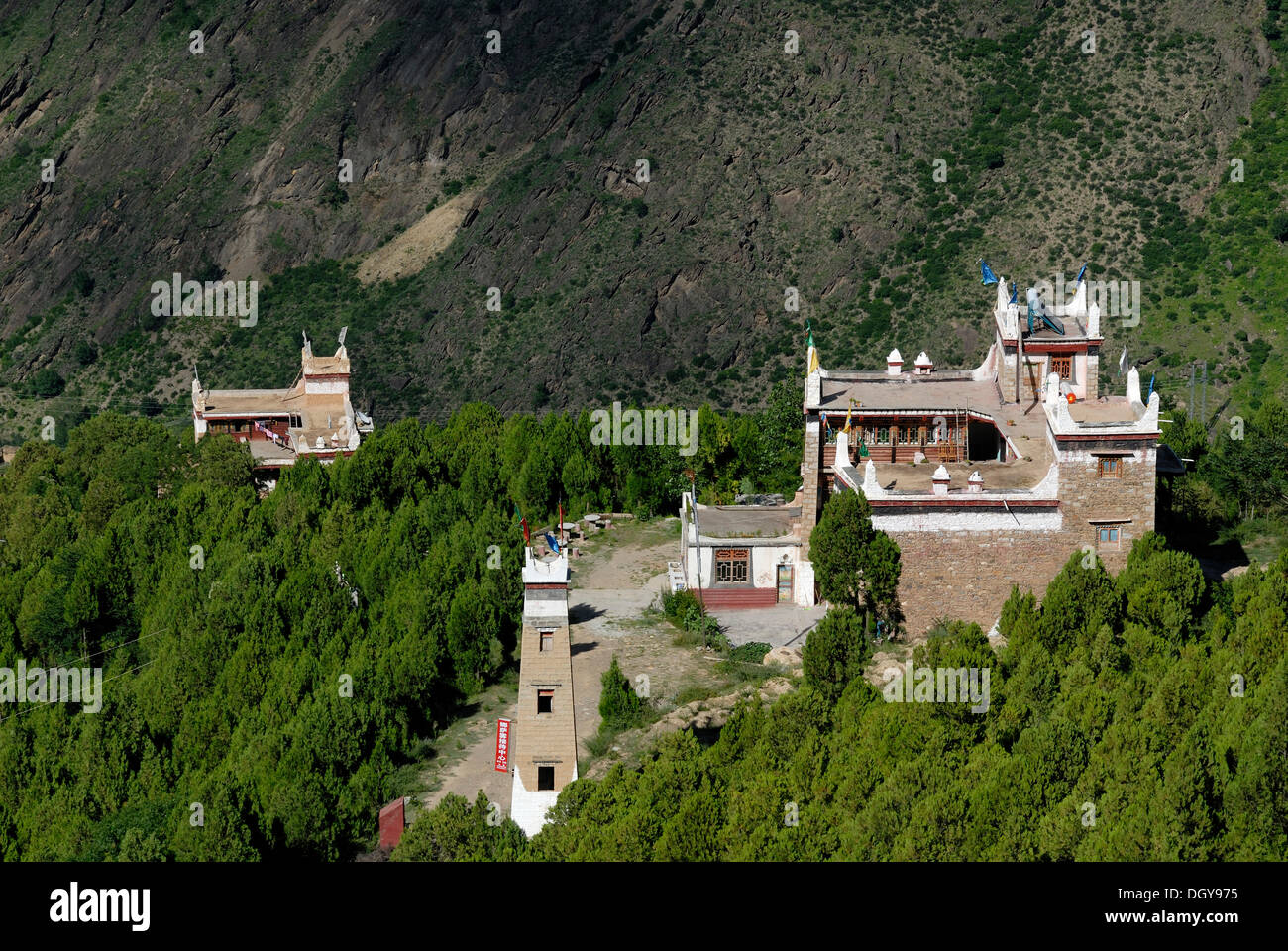 Tibetan houses in a forest area, Tibetan architecture in the old Kahm, village of Joaju Zangzhai