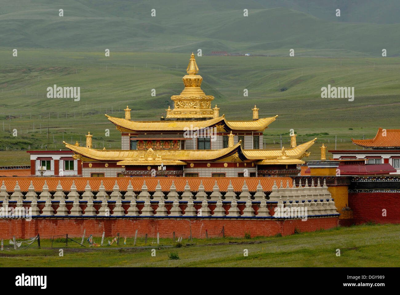 Tagong Monastery Golden roofs and chorten of a Tibetan monastery in the grasslands of ...