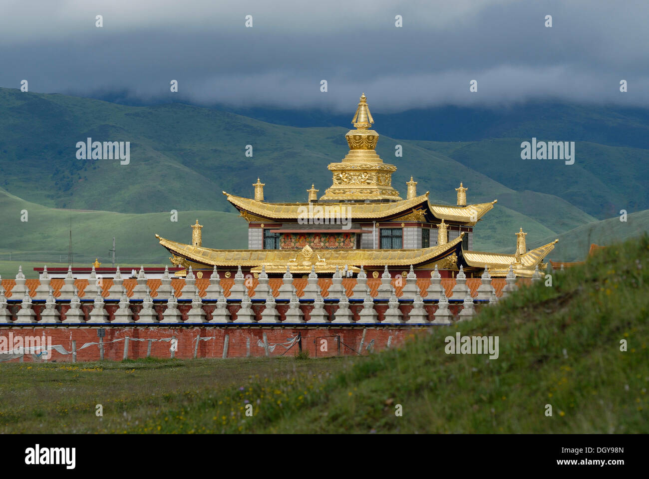 Tagong Monastery Golden roofs and stupas of a Tibetan monastery in the grasslands of ...