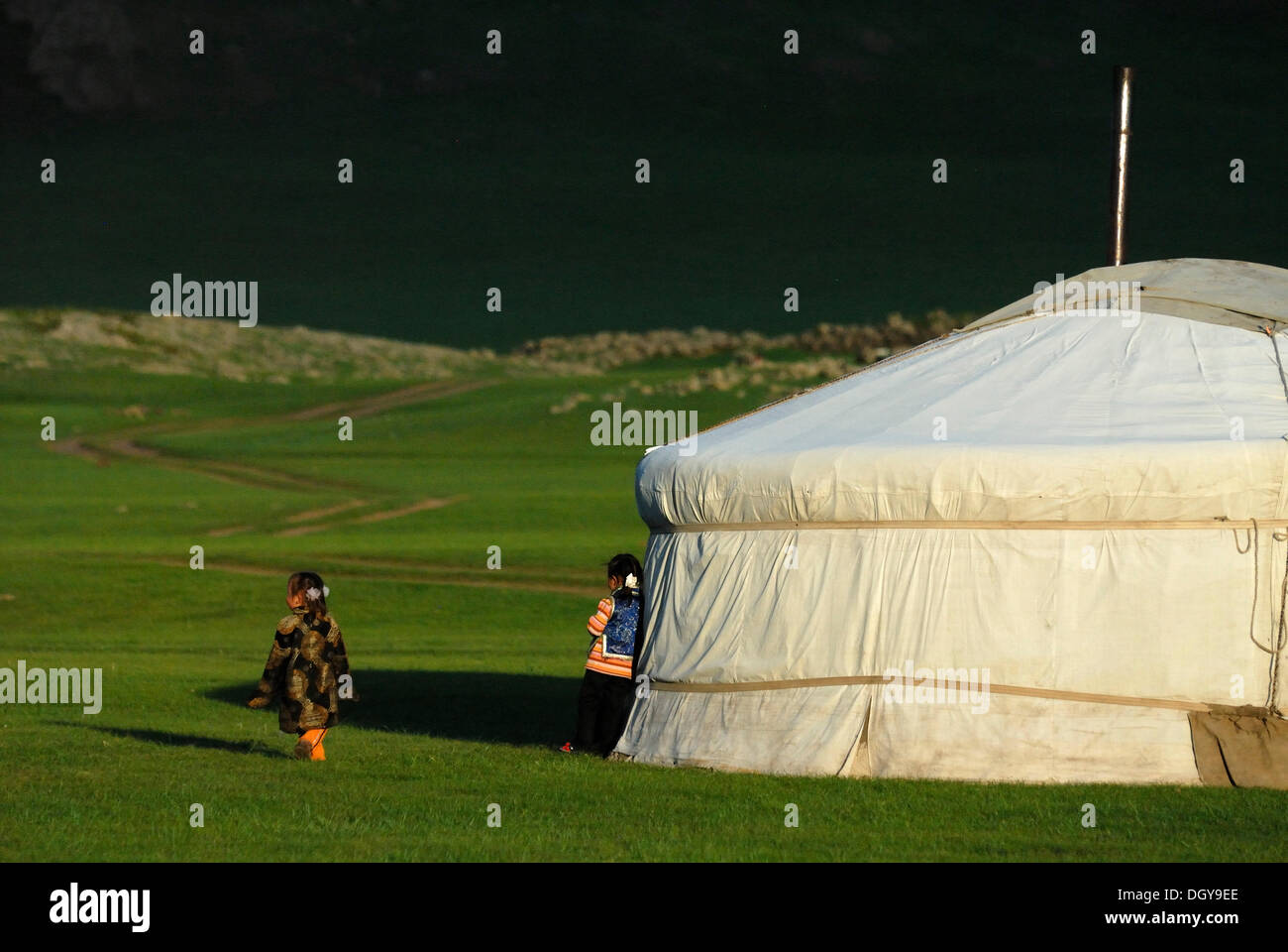 3 and 5-year-old Mongolian girls in front of yurts, yurt camp or ger camp, grasslands at the Orkhon waterfall in front of the Stock Photo