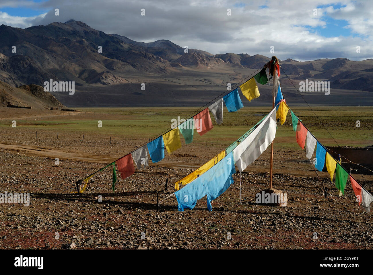 Tibetan prayer flags near the Indus, West Tibet, Ali, Ngari Province, Tibet, China, Asia Stock Photo