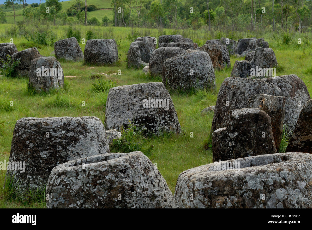 Archeology, large ancient stone jars in the landscape, Plain of Jars
