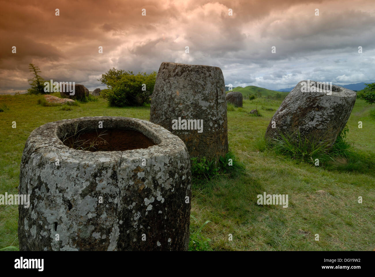 Archeology, ancient large stone jars in the landscape, Plain of Jars