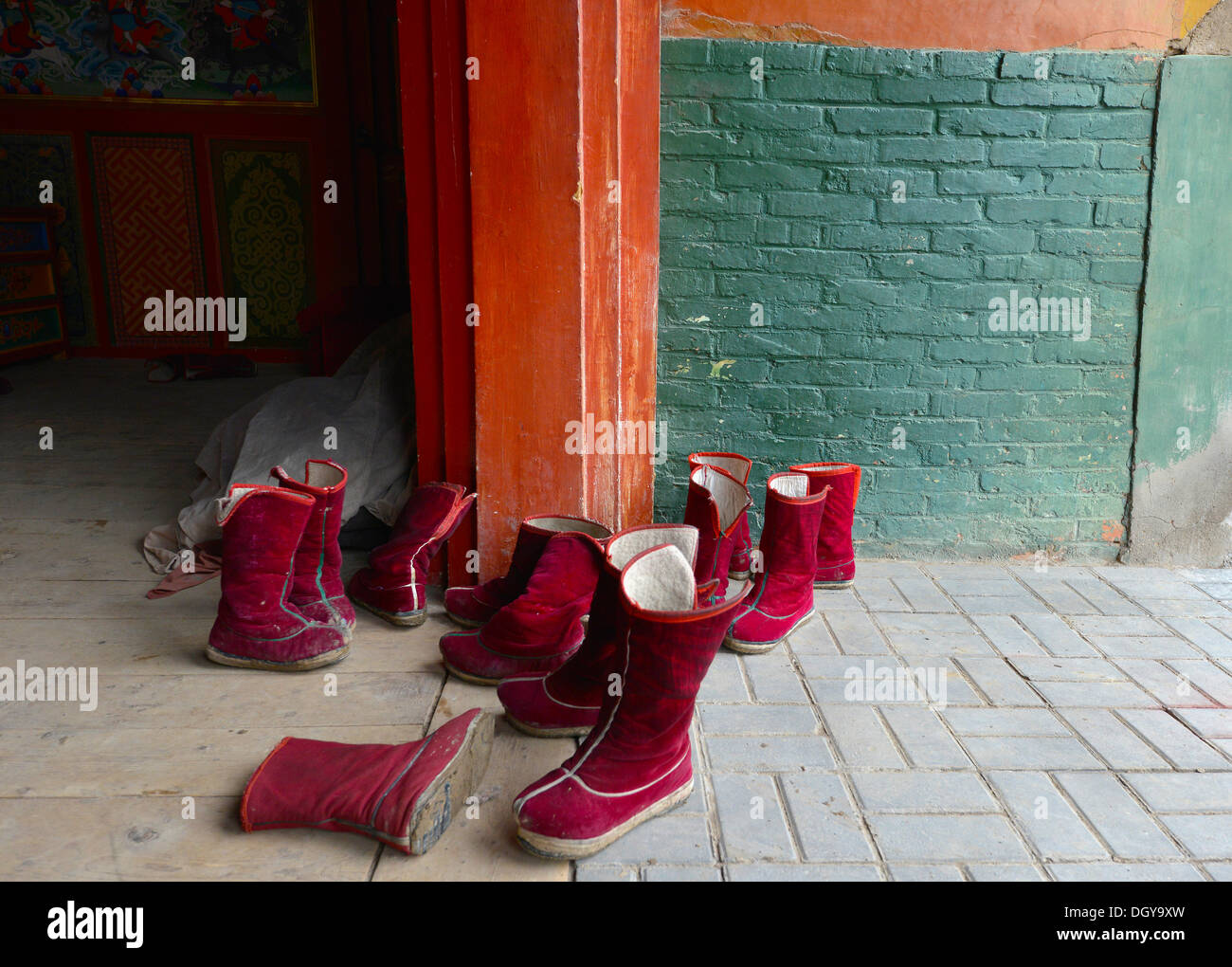 Tibetan Buddhism, boots of Tibetan monks, felt boots, in the monastery building, Tongren