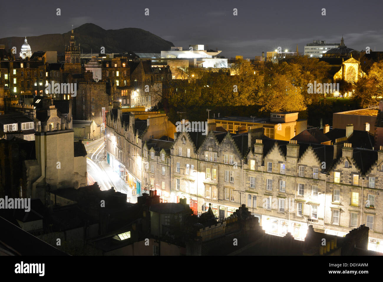 View from Johnston Terrace over Grassmarket, Cowgate till and the National Museum, illuminated at night, Edinburgh, Scotland Stock Photo