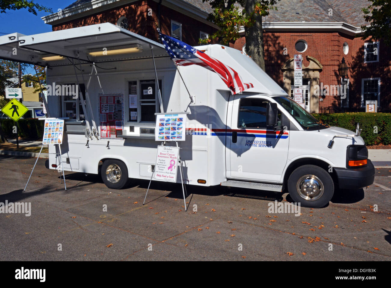 Mobile post office open on a Sunday on the streets of Oyster Bay, Long Island, New York Stock