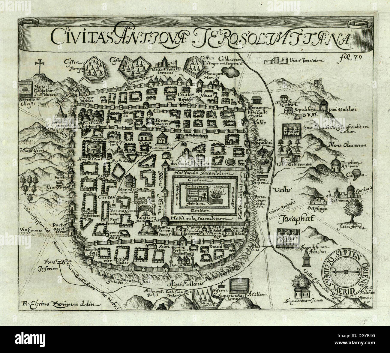 5544 .Map of Jerusalem dating 1661, Germany by Zwinner, Electus Stock Photo