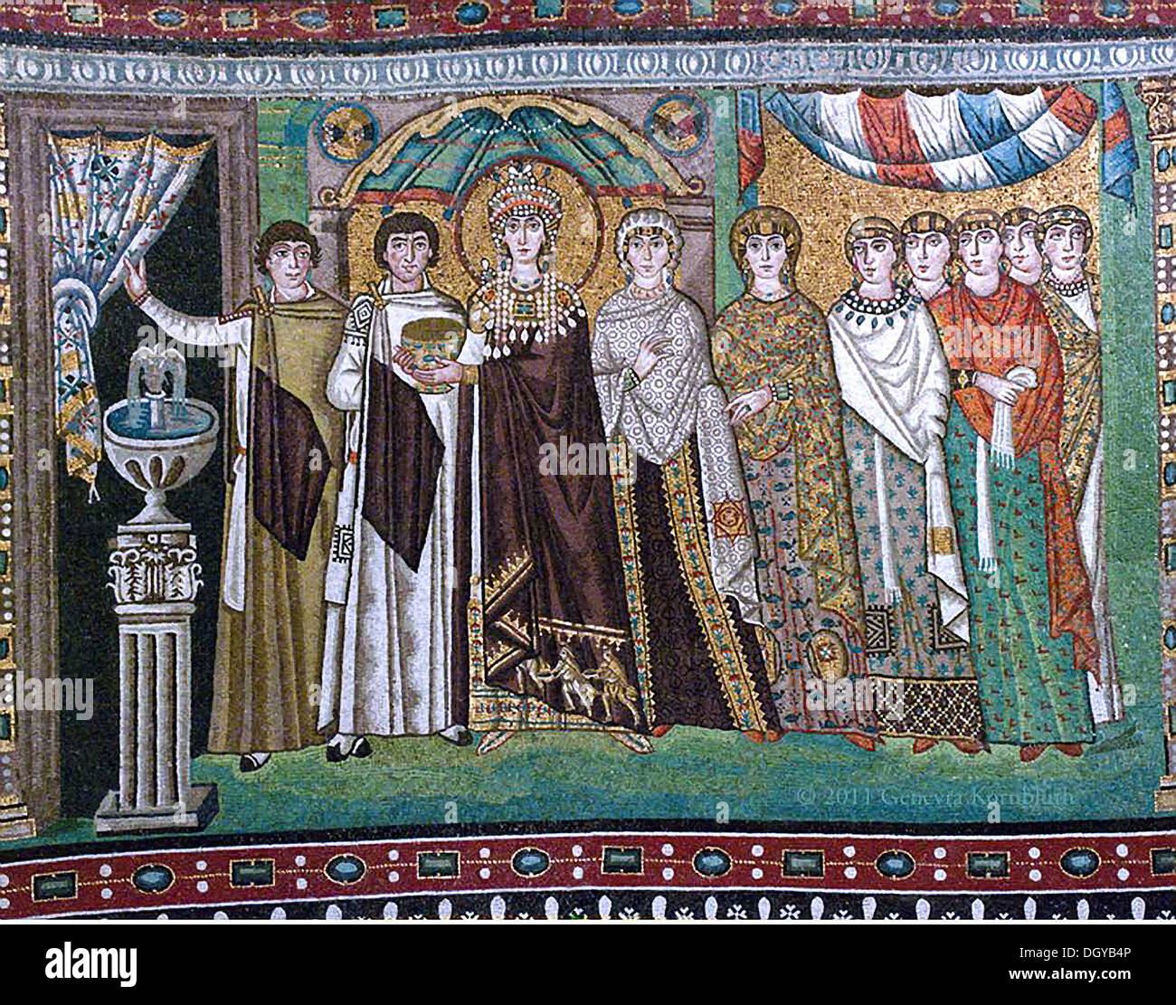 5550. Empress Aelia Eudokia Augusta was born c. 401 in Athens, died 460. She was the wife of Emperor Theodosius II of Byzantium.Mozaic from Ravena shows the Empress with her Byzantine court. Stock Photo