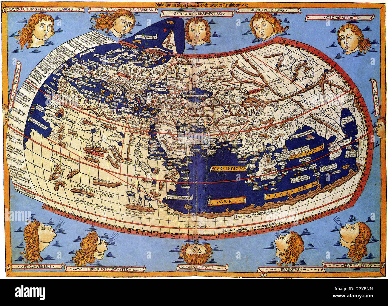 5768. Ptolemy’s world map showing the lands known to the Helenic world in the 2nd. C. The original manuscript was lost, pic. shows a 13th. C. reconstruction. Stock Photo