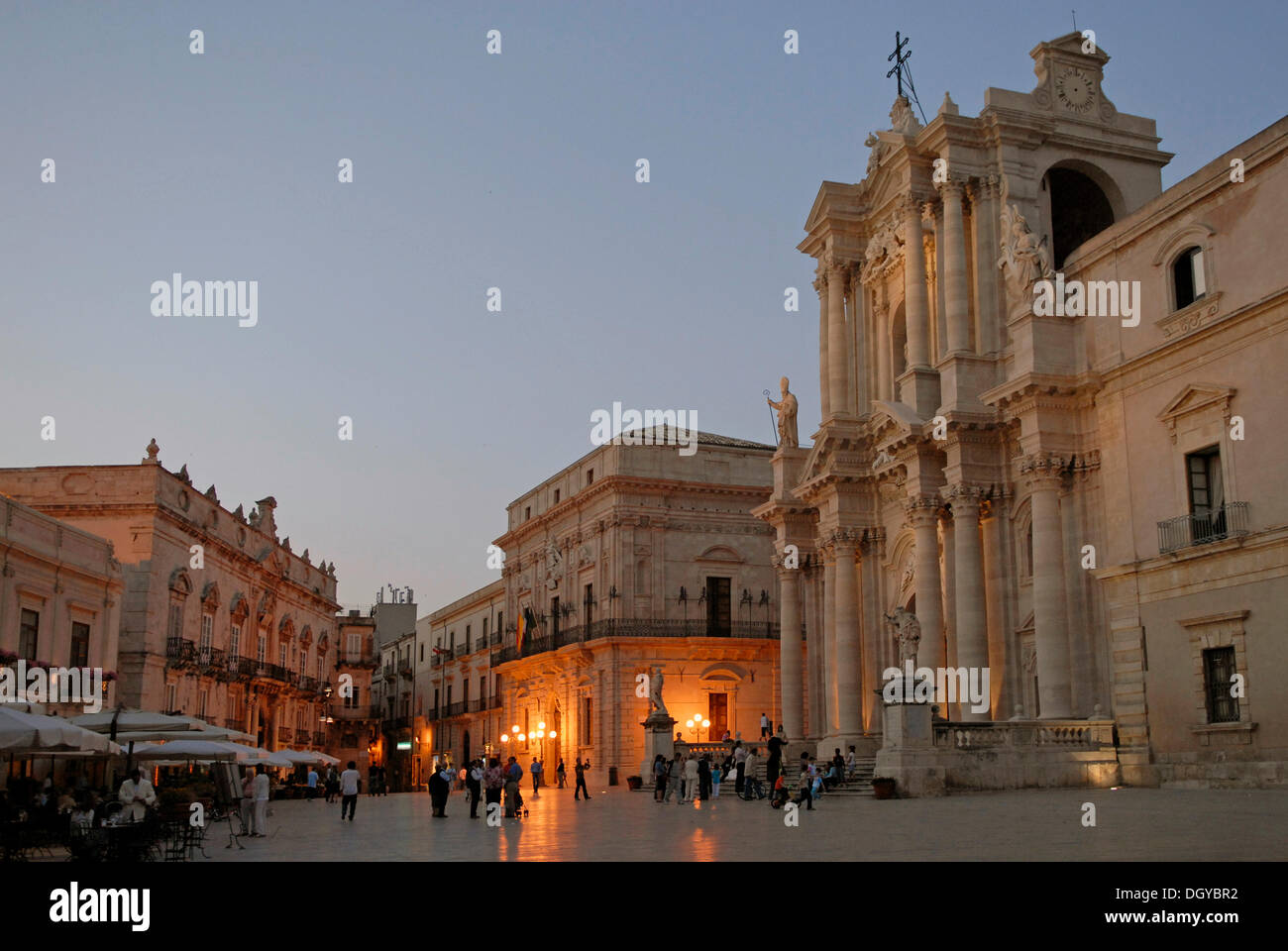 Cathedral square with the Cathedral of Santa Maria delle Colonne, St. Mary of the Columns, Piazza Duomo, Ortygia island Stock Photo