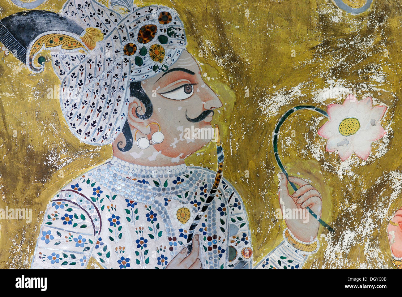 Rajput with flower, wall painting, Juna Mahal, Dungarpur, Rajasthan, India, Asia Stock Photo