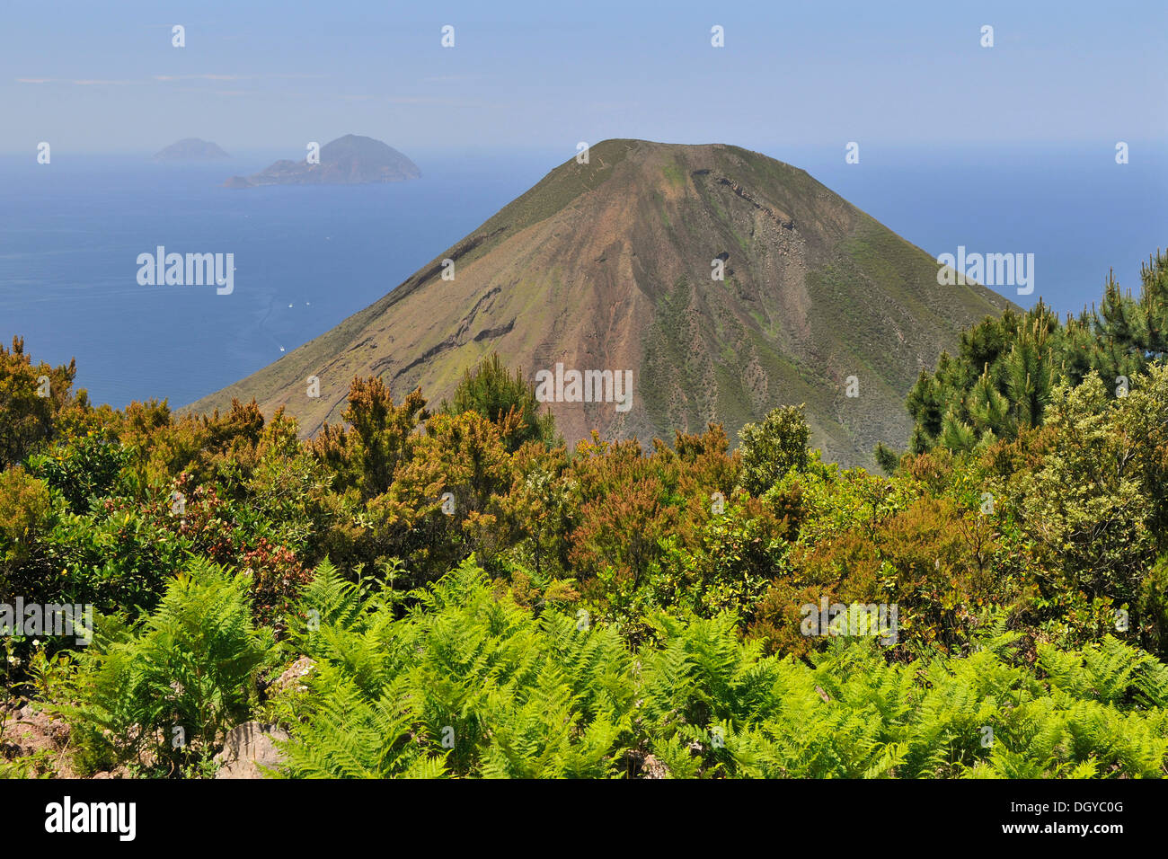 Volcano on Salina island, in the back Filicudi and Alicudi islands