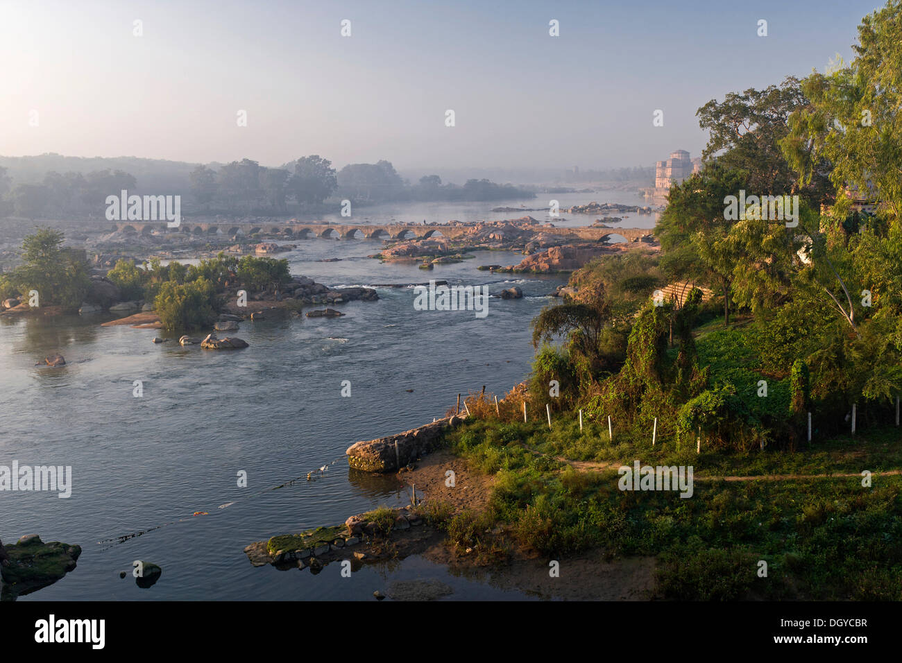Betwa River landscape, bridge over the Betwa, Orchha, Madhya Pradesh, North India, India, Asia Stock Photo