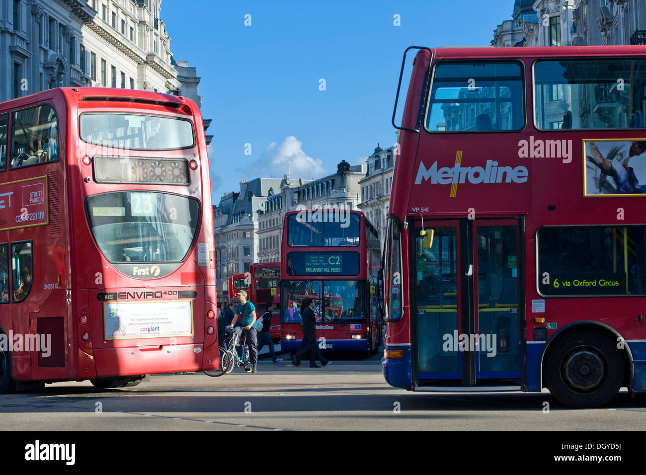 Double decker buses in Oxford Circus, London, England, United Kingdom, Europe Stock Photo