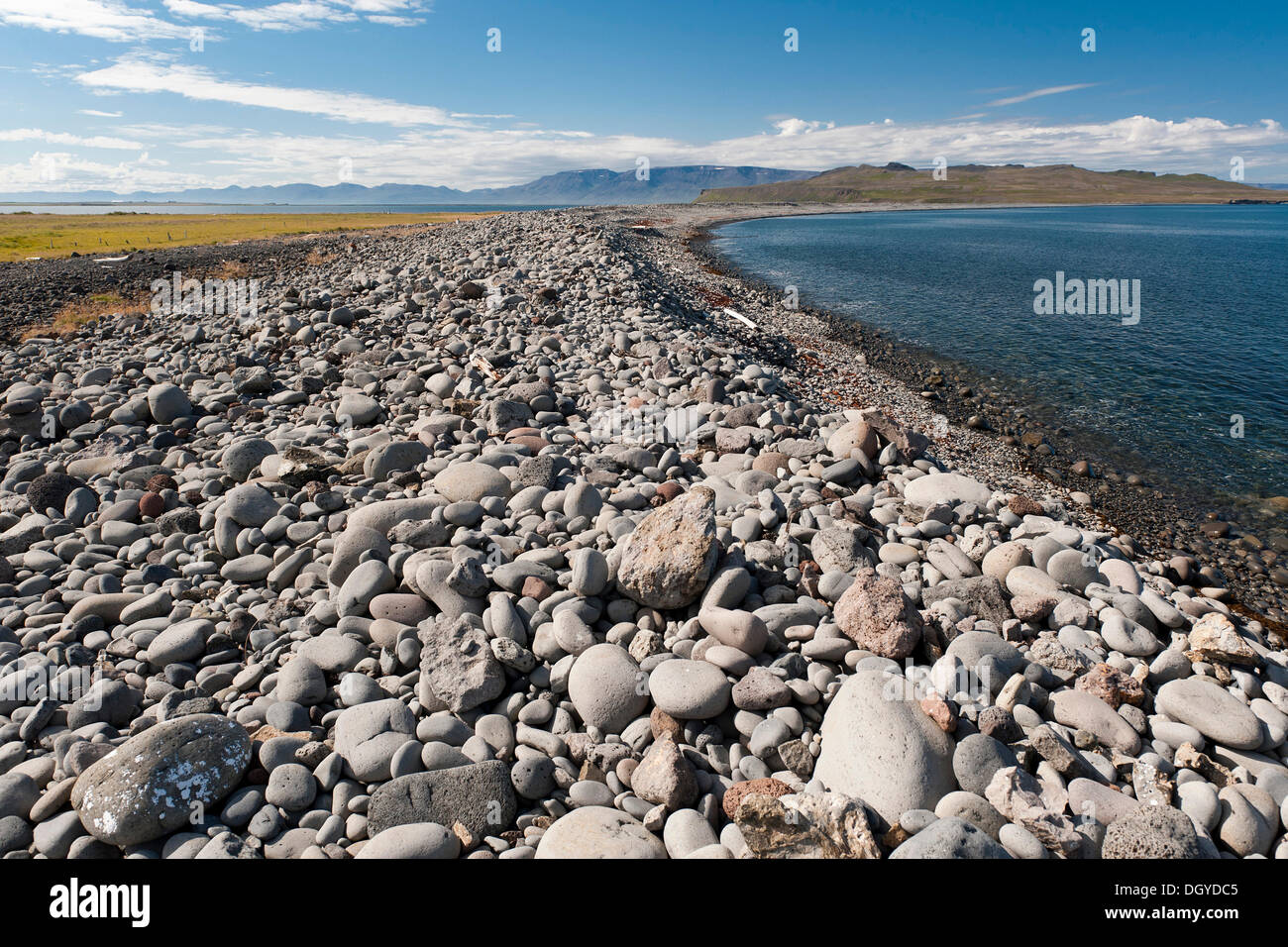 Beach with large rocks near the island of Drangey, Hofsós, Skagafjoerdur bay, northern Iceland, Iceland, Europe Stock Photo