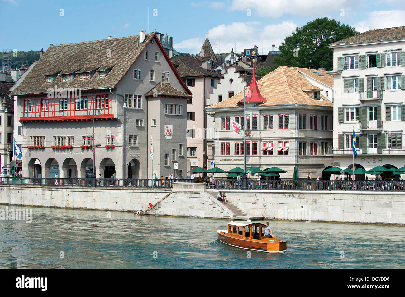 Limmat river, Limmatquai with guild house 'Zum Rueden', left, old town of Zurich, Canton of Zurich, Switzerland, Europe Stock Photo