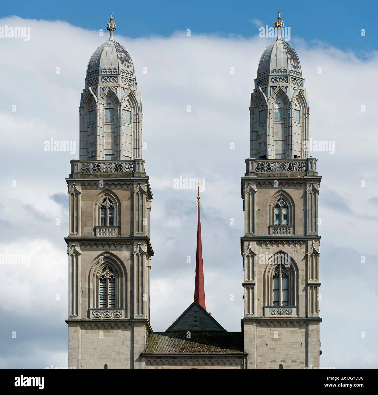 Twin towers of Grossmuenster church, old town of Zurich, Canton of