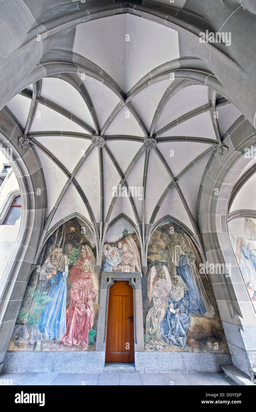 Frescoes by Paul Bodmer in the cloister of Fraumuenster abbey, images on a legend about the founding of Fraumuenster abbey Stock Photo