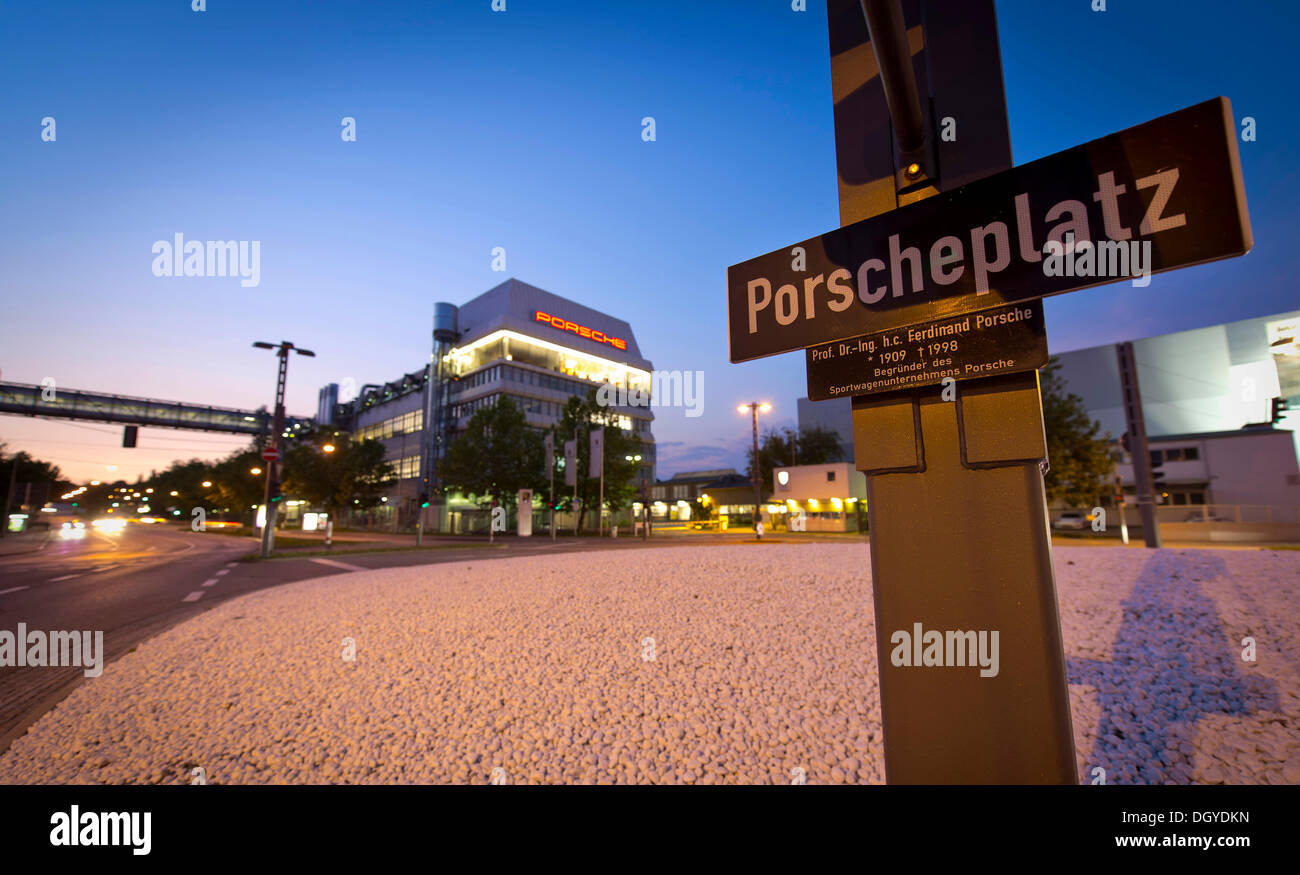Street sign, Porscheplatz square, Porsche headquarters, Zuffenhausen, Stuttgart, Baden-Wuerttemberg Stock Photo