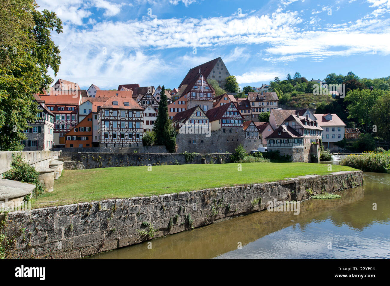 View of the historic district of Schwaebisch Hall on the Kocher river, Hohenlohe region, Baden-Wuerttemberg Stock Photo