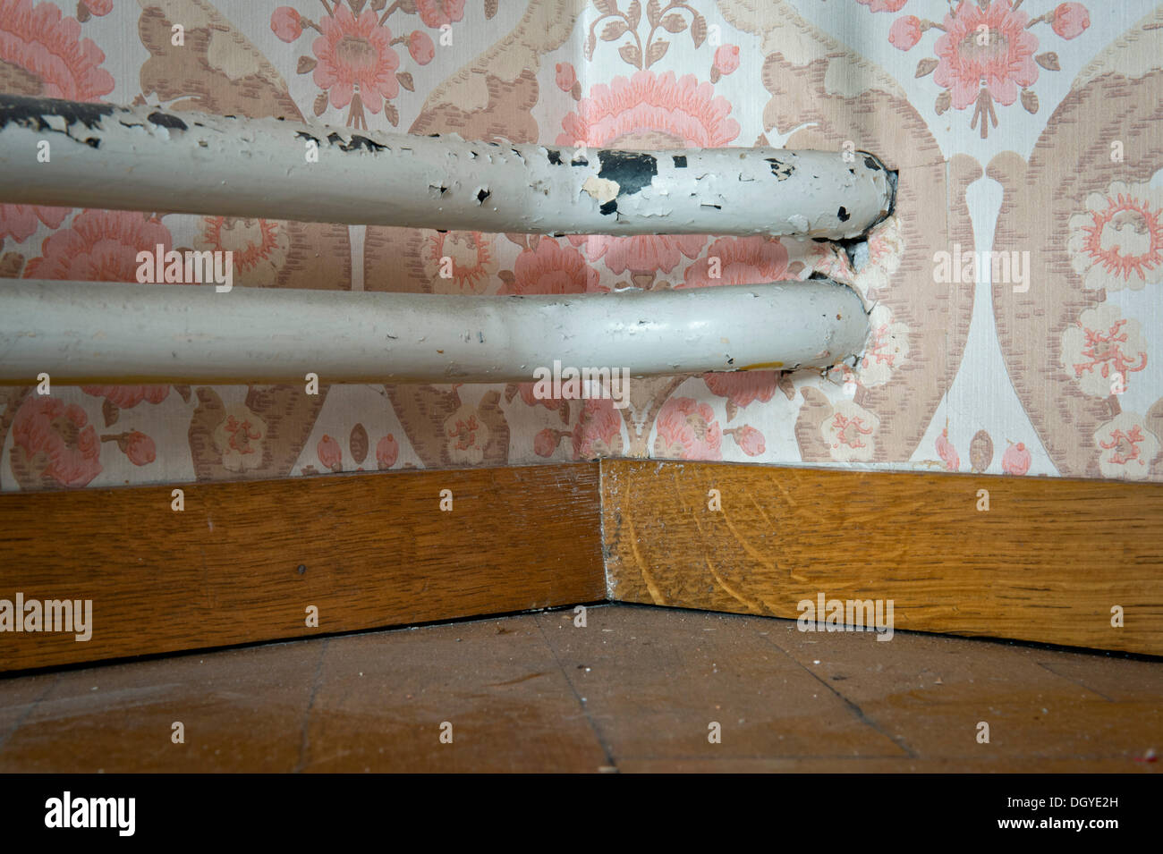 Old heating pipes, wall-mounted or surface-mounted installation, wallpaper from the sixties, Stuttgart, Baden-Wuerttemberg Stock Photo