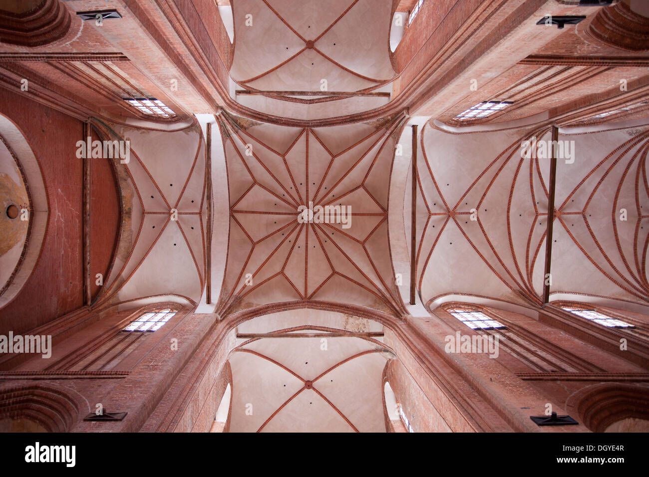 Pattern of ribbed vaulting ceiling, viewed from below at St. Nikolai Church, Wismar, Germany Stock Photo