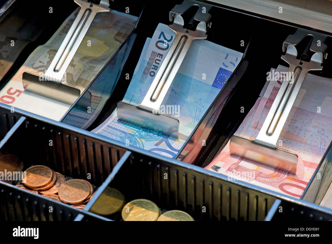 Euro bank notes and coins in a cash register, Stuttgart, Baden-Wuerttemberg Stock Photo